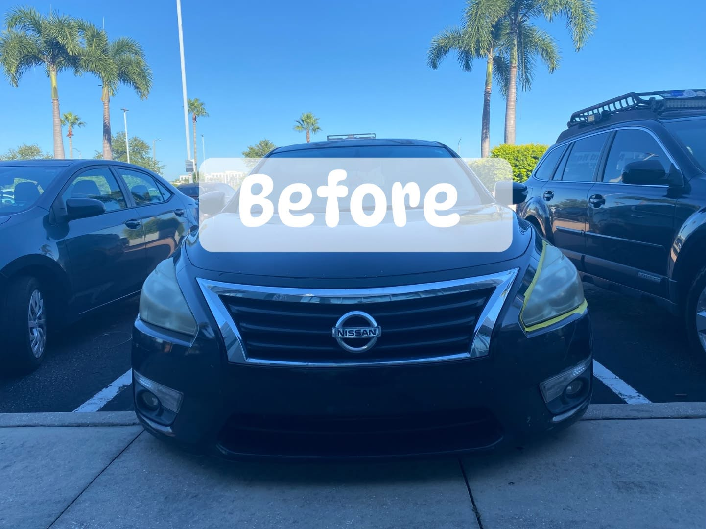 Nissan headlight before restoration, yellowed and hazy lens